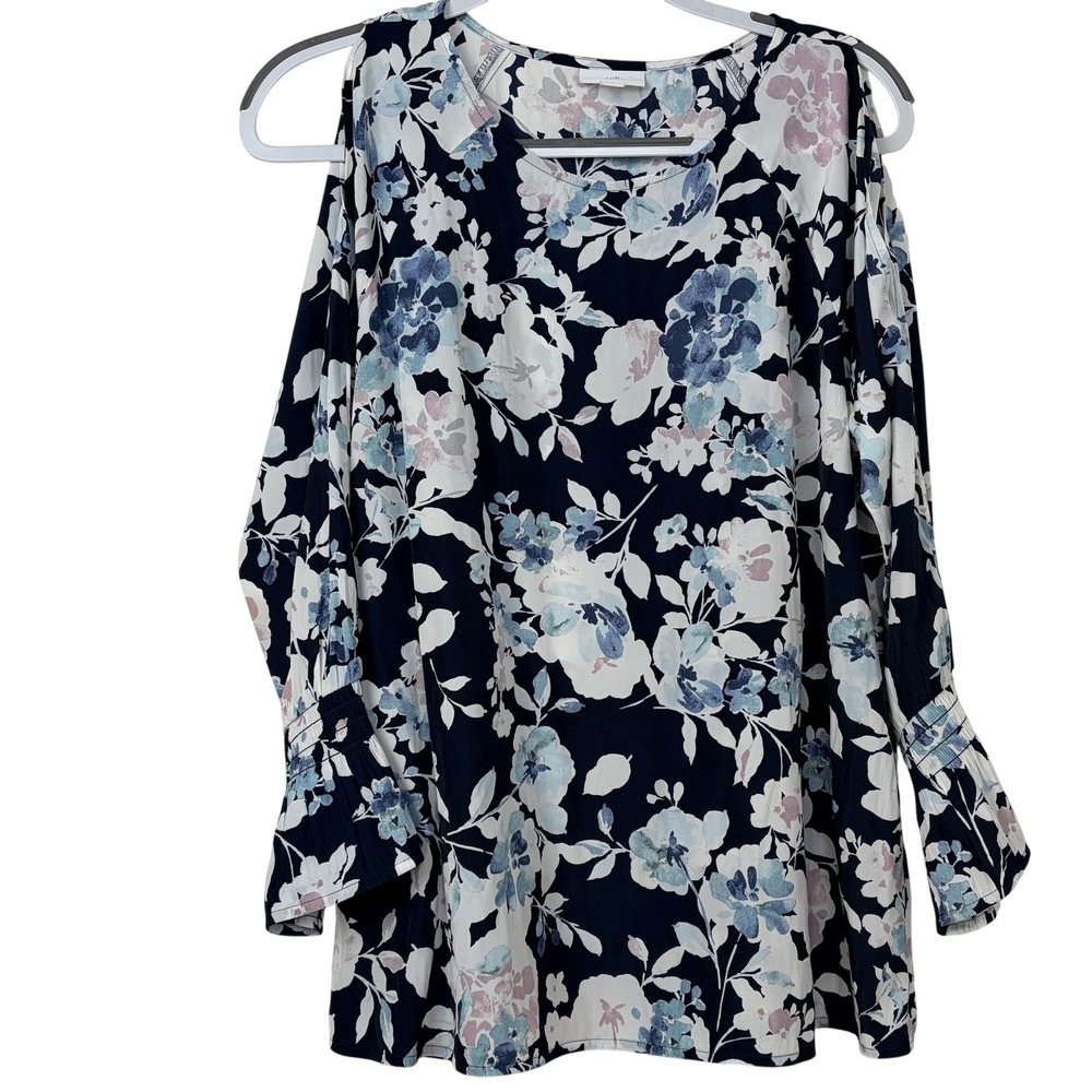 J. Jill Floral‎ Cold Shoulder Top Size M Navy Blue Watercolor Excellent